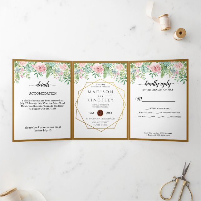 Invitación Tríptica Fab Floral Rosa Boda Botánico (Interior)