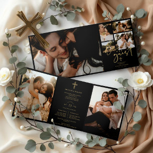 Invitación Tríptica Faith Cross Black Trendy Stylish Collage Wedding