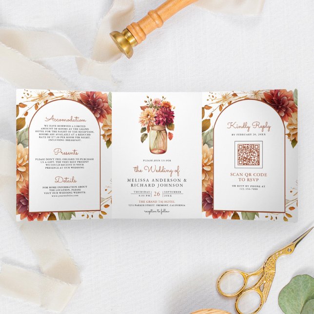 Invitación Tríptica Fall Dahlia Floral Mason Jar QR Code Boda (Subido por el creador)