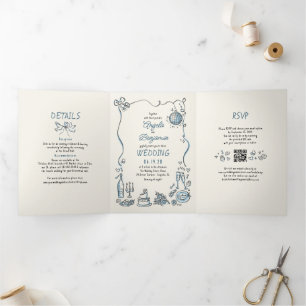 Invitación Tríptica Falso caprichoso y caprichoso Boda moderno dibujad