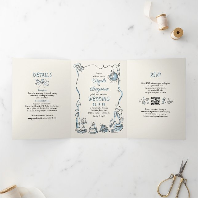 Invitación Tríptica Falso caprichoso y caprichoso Boda moderno dibujad (Interior)
