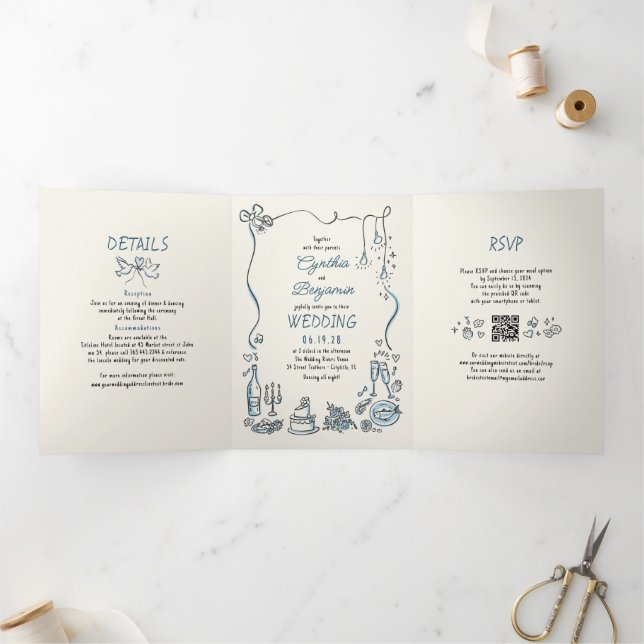 Invitación Tríptica Famoso y caprichoso Doodles modernos Boda foto (Interior)