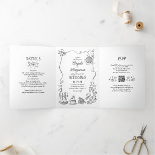 Invitación Tríptica Famoso y caprichoso Doodles retro foto Boda