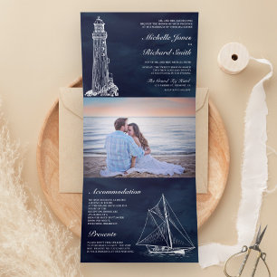 Invitación Tríptica Faro azul marino velero boda náutica
