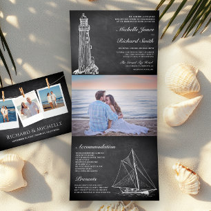 Invitación Tríptica Faro de Pizarra Barco de Vela Boda Náutica