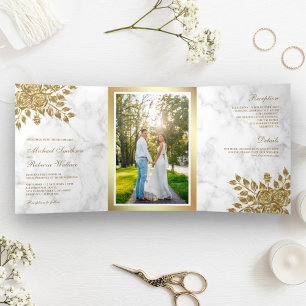 Invitación Tríptica Faux Gold deja Boda de mármol blanco floral