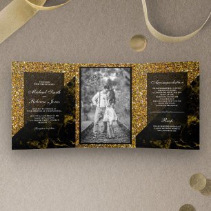 Invitación Tríptica Faux Gold Glitter Mármol Dorado Foto de Boda
