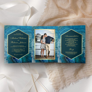Invitación Tríptica Faux Relieve metalizado dorado azul Agate Boda Fot