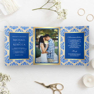 Invitación Tríptica Faux Relieve metalizado dorado Royal Blue Damask W