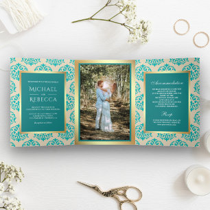 Invitación Tríptica Faux Relieve metalizado dorado Verde azulada Damas