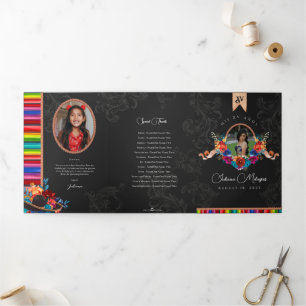 Invitación Tríptica Fiesta mexicana arte folclórico floral Charro Quin
