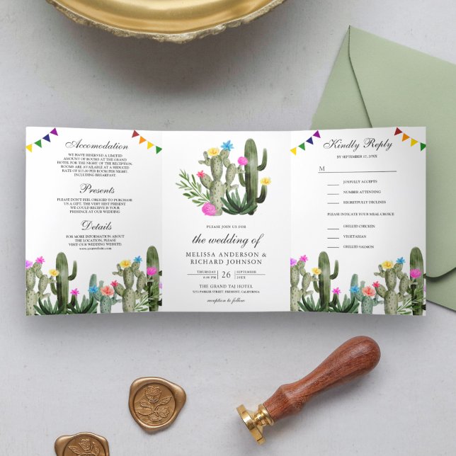 Invitación Tríptica Fiesta Mexicana Cactus Floral Todo en Uno Boda (Subido por el creador)