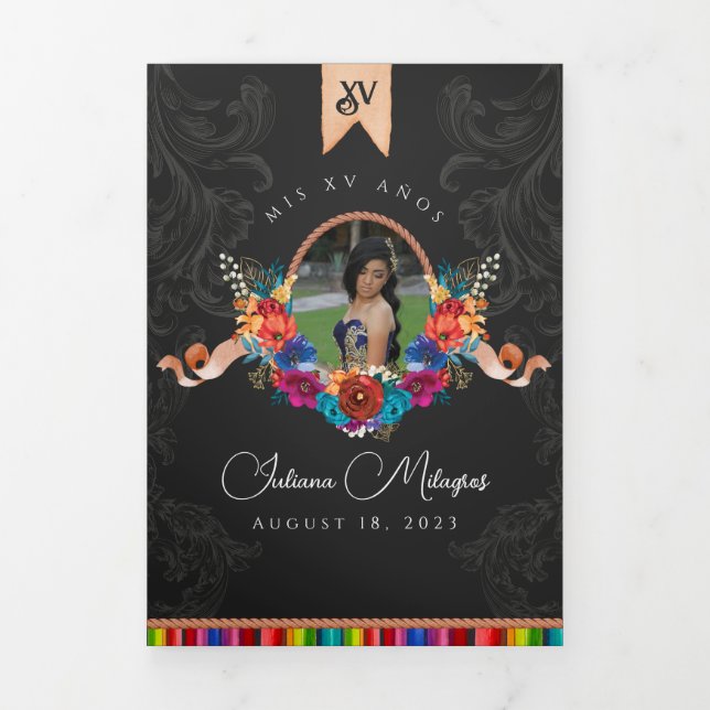 Invitación Tríptica Fiesta Mexicana Colorida Charro Quinceañera (Foto de portada)