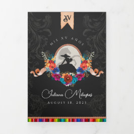 Invitación Tríptica Fiesta Mexicana Colorido Carro Floral Quinceanera