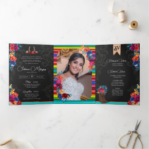 Invitación Tríptica Fiesta Mexicana Floral Colorido Charro Quinceañera