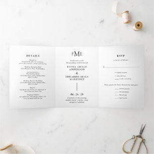 Invitación Tríptica Fiona Negro y Blanco Monograma Moderno Boda