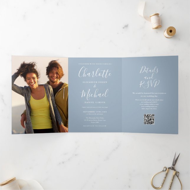 Invitación Tríptica Firma 2 Foto Código QR Boda Dusty Blue (Interior)