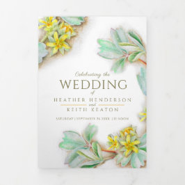 Invitación Tríptica Flor amarilla Sibbaldia boda todo en uno