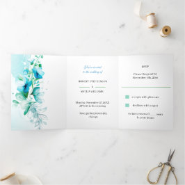 Invitación Tríptica Flor azul elegante Boda personalizada