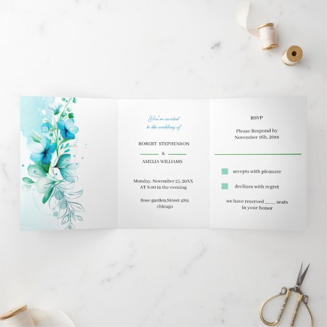 Invitación Tríptica Flor azul elegante Boda personalizada (Interior)