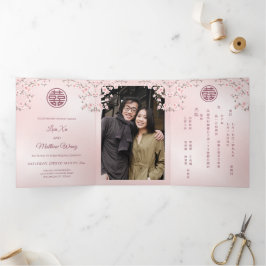 Invitación Tríptica Flor de cerezo rosa | Foto Boda chino