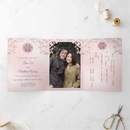 Invitación Tríptica Flor de cerezo rosa | Foto Boda chino