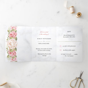 Invitación Tríptica Flor Rosa elegante Boda personalizada