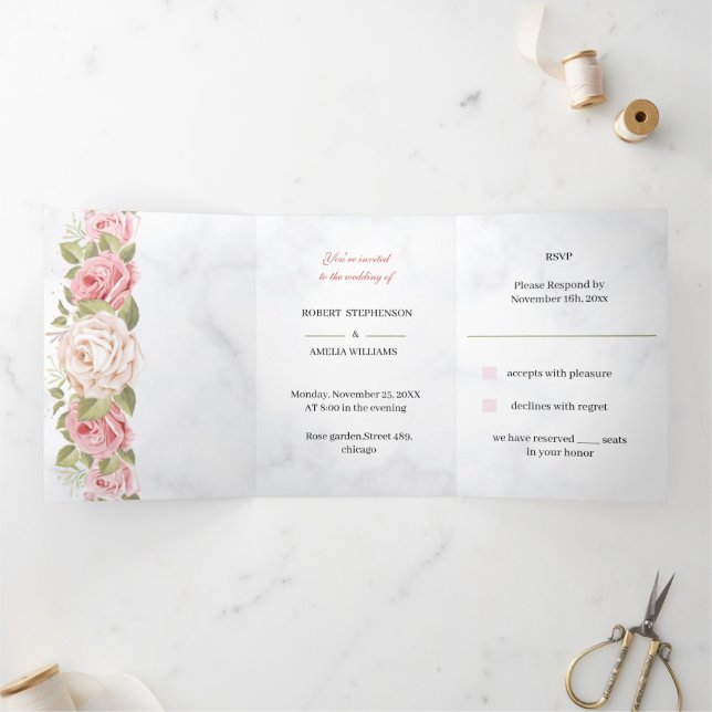 Invitación Tríptica Flor Rosa elegante Boda personalizada (Interior)