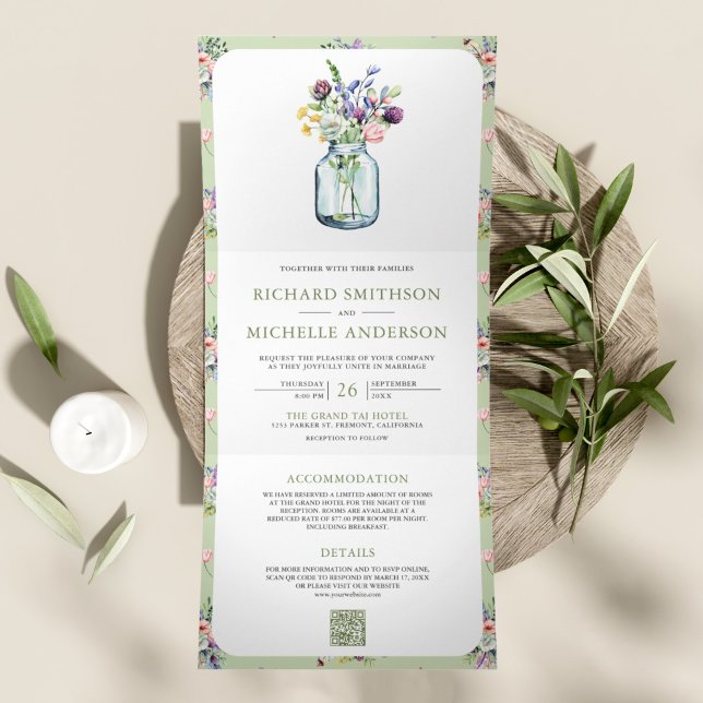 Invitación Tríptica Flor silvestre Mason Jar todo en un Boda de código (Subido por el creador)