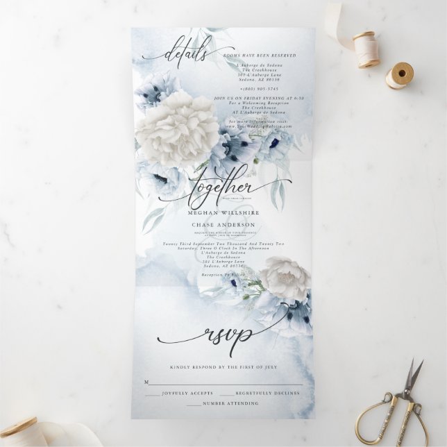 Invitación Tríptica Floral azul acuarela TODO EN UN BODA (Interior)