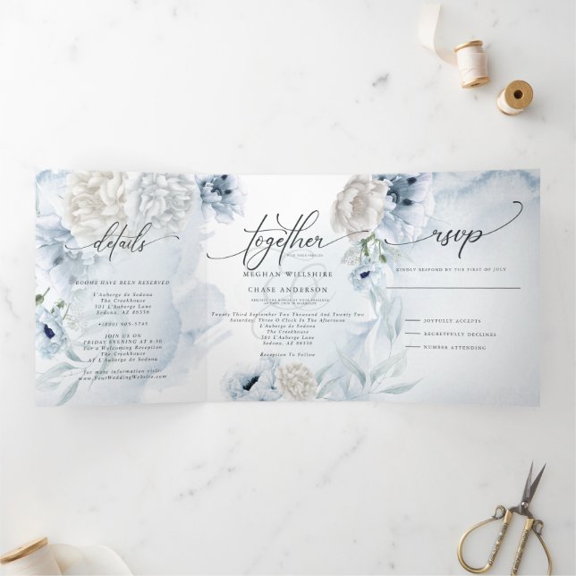 Invitación Tríptica Floral azul acuática TODO EN UN BODA 2 (Interior)