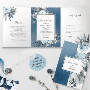 Invitación Tríptica Floral azul en una quinceañera con RSVP