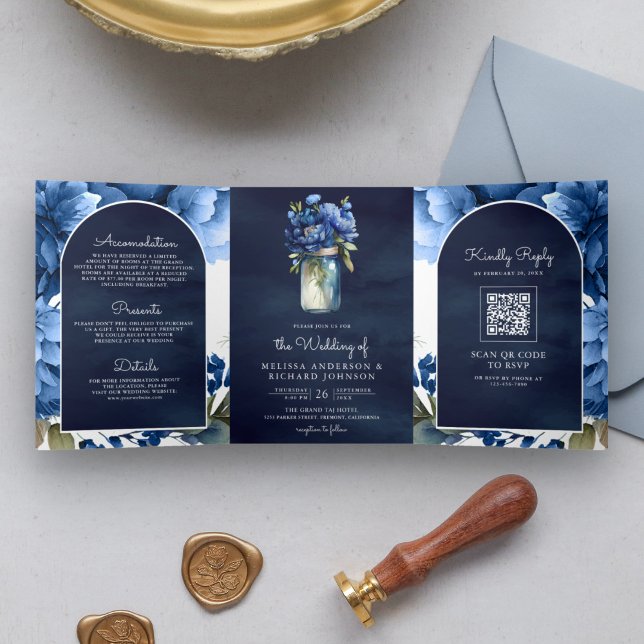 Invitación Tríptica Floral azul real Mason Jar Código QR Boda de la Ma (Subido por el creador)