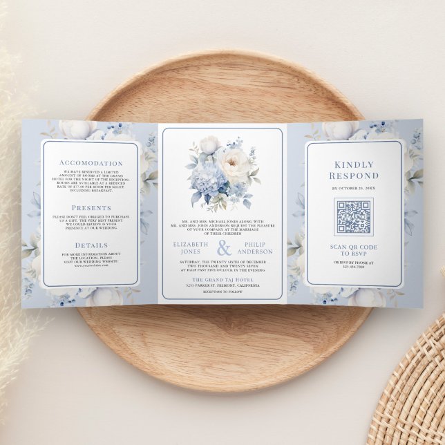 Invitación Tríptica Floral azul y blanca en un solo Boda (Subido por el creador)