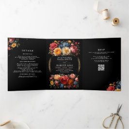 Invitación Tríptica Floral Boda de Vintage Botánica Negra Moody