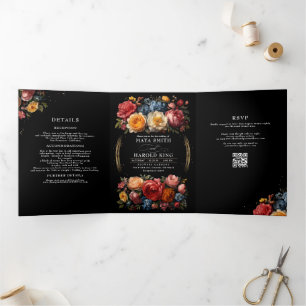 Invitación Tríptica Floral Boda de Vintage Botánica Negra Moody
