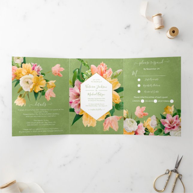 Invitación Tríptica Floral brillante y audaz todo en uno (Interior)