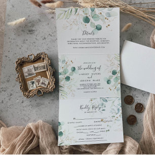 Invitación Tríptica Floral de oro de eucalipto ruso