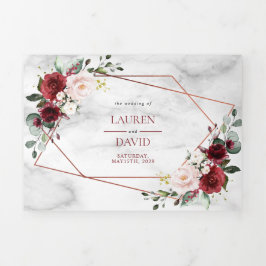 Invitación Tríptica Floral geométrica de mármol de cobre de borgoña