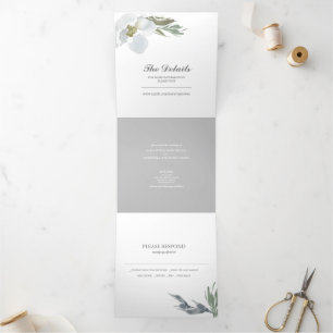 Invitación Tríptica Floral gris y vegetación todo en una boda invitan