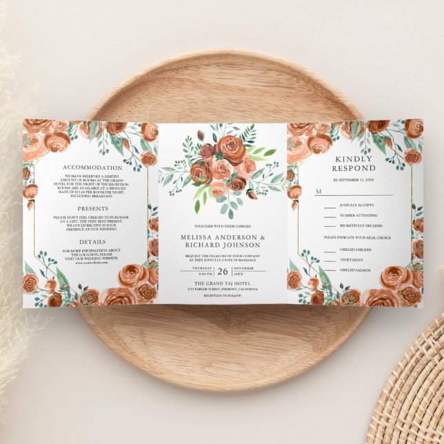 Invitación Tríptica Floral Naranja de la Tierra Quemada Moderna 3 de c (Subido por el creador)