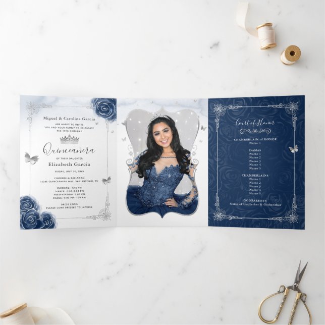 Invitación Tríptica Floral Photo Silver and Navy Blue Quinceanera (Interior)