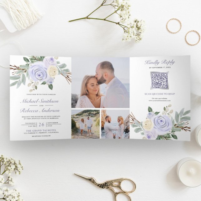 Invitación Tríptica Floral púrpura en un Boda de código QR (Subido por el creador)