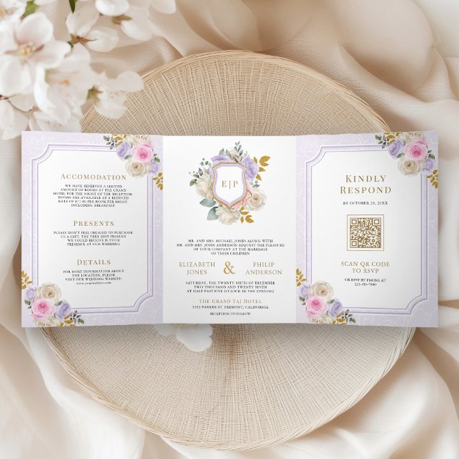 Invitación Tríptica Floral púrpura rosa pastel todo en un Boda Escudo (Subido por el creador)
