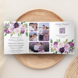 Invitación Tríptica Floral púrpura rusa en un Boda de código QR