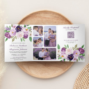 Invitación Tríptica Floral púrpura rusa en un Boda de código QR