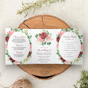 Invitación Tríptica Floral roja rosa y borgoñona Rubor 3 en 1 Boda