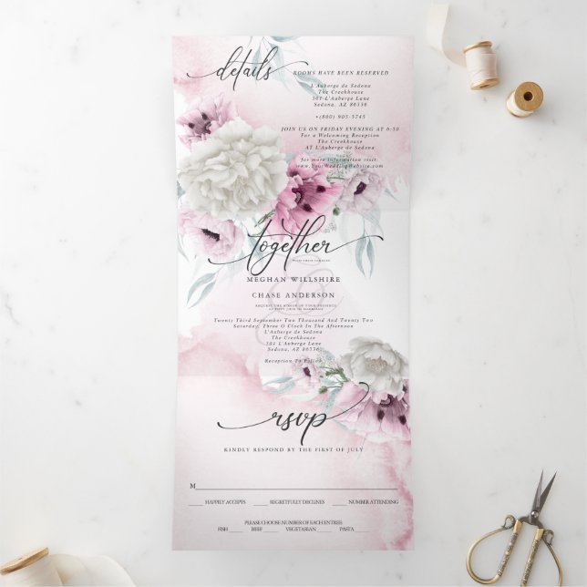 Invitación Tríptica Floral rosa acuarela TODO EN UN BODA (Interior)
