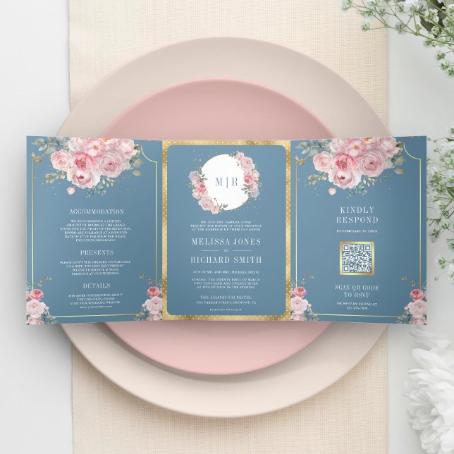 Invitación Tríptica Floral rosa de Rubor, azul en un solo Boda (Subido por el creador)