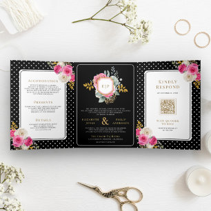 Invitación Tríptica Floral rosa fucsia en un Boda negro Escudo
